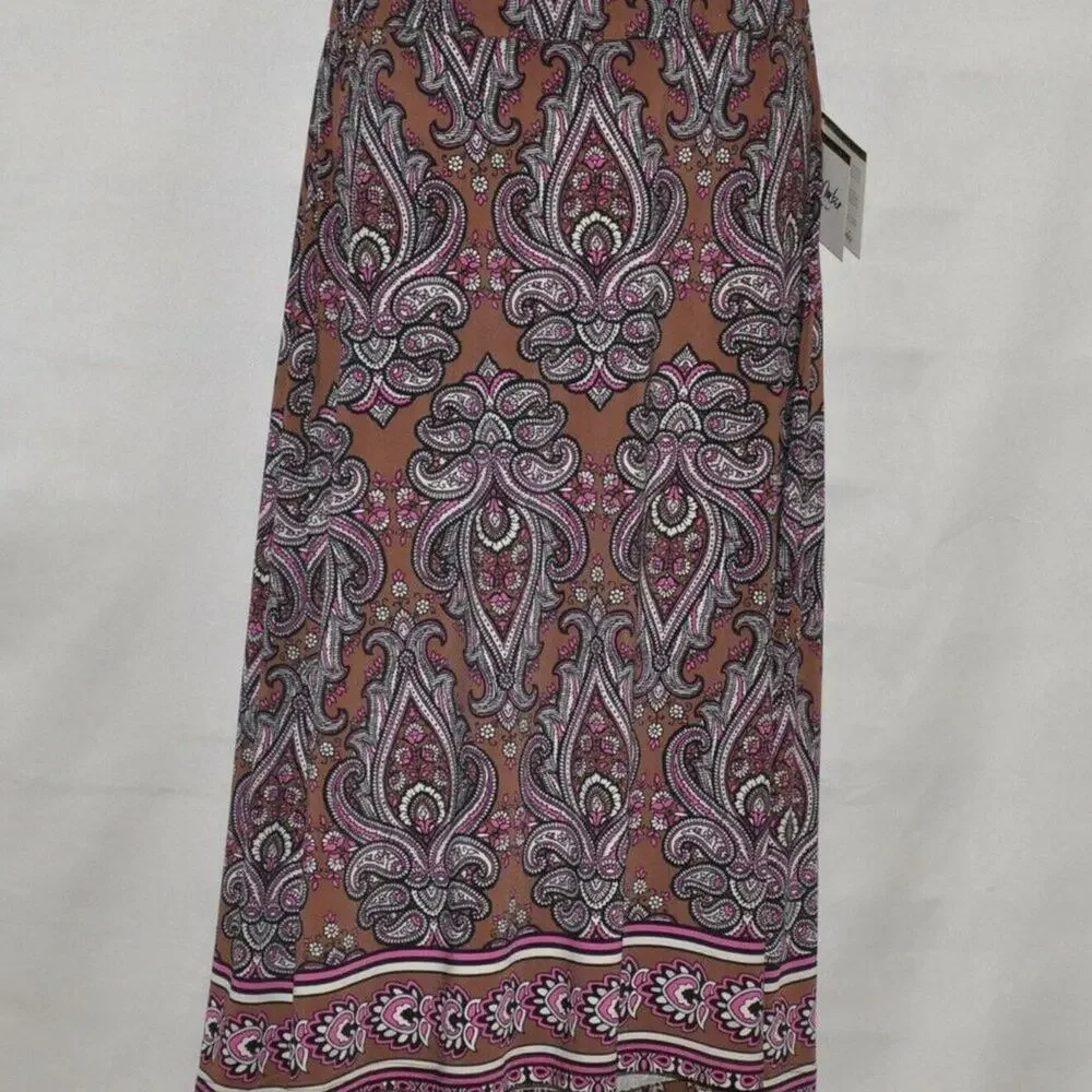 Bob Mackie Paisley Midi Skirt L Boho Chic Stretch Pull-On Pink Brown